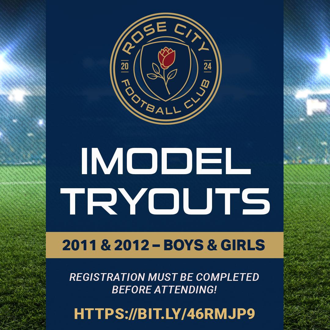 IMODEL TRYOUT POSTER. SOCCER FIELD WITH BLUE BOX OVER TOP,  LOGO AND TEXT