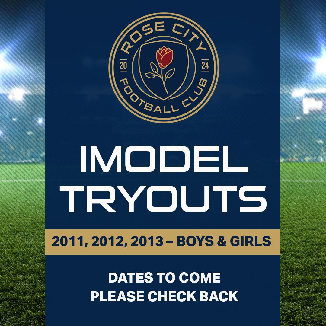 IMODEL TRYOUT POSTER. SOCCER FIELD WITH BLUE BOX OVER TOP,  LOGO AND TEXT