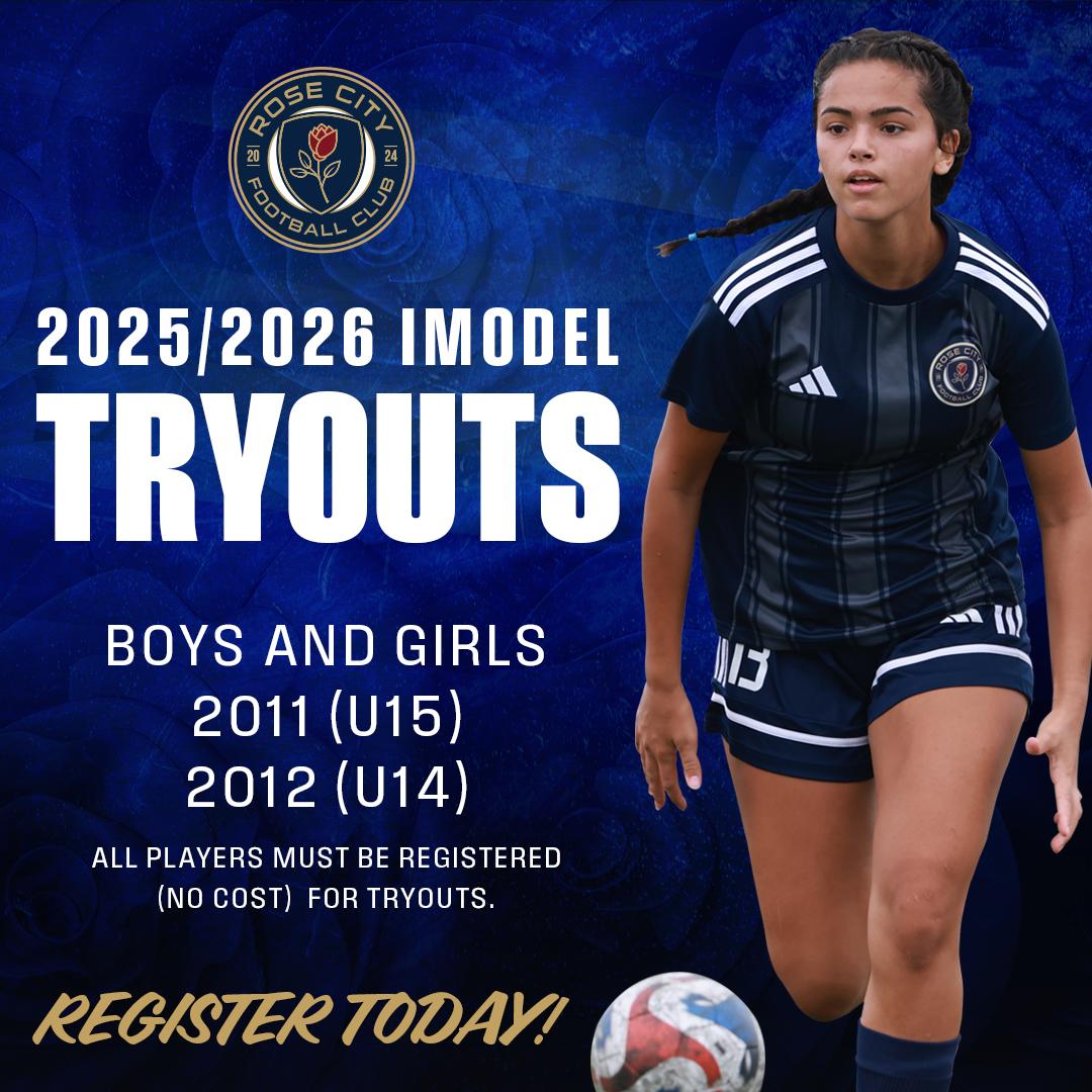 Blue background with Rose City Female player on right side. Tryout title and information in white type.