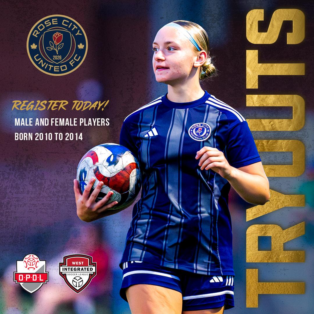 Rose City Female player with ball with Tryout information surrounding her.